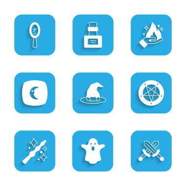 Cadı şapkası, Hayalet, çapraz ortaçağ kılıcı, daire şeklinde pentagram, sihirli değnek, ay yıldızları, ateş tutan el aynası ikonu. Vektör