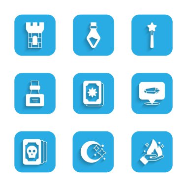 Tarot kartları, ay ve yıldızlar, el ele tutuşan ateş, sihirli taş, iksirli şişe, değnek ve kale kulesi ikonu. Vektör