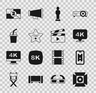 Spot ışıkları, internetten sinema bileti, 4k Ultra HD, ödül, şöhret yürüyüşü yıldızı, su dolu kağıt bardak, eski film gerisayımı çerçevesi ve alkışlama ikonu. Vektör