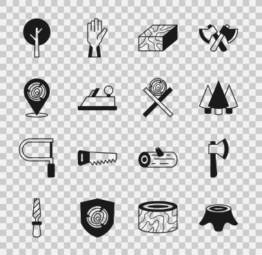 Ağaç kütüğü, tahta balta, Noel ağacı, kiriş, uçak aleti, kütükler ve ayakta duran ikon. Vektör