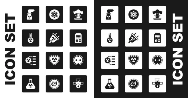 Set Esplosione nucleare, presa elettrica di radiazione, termometro meteorologico, centrale elettrica, dosimetro, atomo, presa elettrica e icona radioattiva. Vettore — Vettoriale Stock