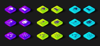 Smart kulaklık sistemi, Network, uydu anteni, yazıcı, router ve wi-fi sinyali ve televizyon simgesini ayarla. Vektör