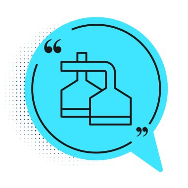 Beyaz zemin üzerinde izole edilmiş bira imalathanesi ikonu içindeki siyah çizgi Geleneksel bira damarları. Bira demleme işlemi. Damıtma tesisi, bira fabrikası. Mavi konuşma balonu sembolü. Vektör