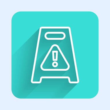 Beyaz çizgi ıslak zemin ve temizleme işlemi simgesi uzun gölge arkaplanı ile izole edildi. Temizlik hizmeti konsepti. Yeşil kare düğmesi. Vektör