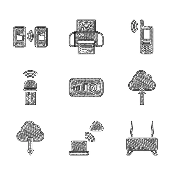 Conjunto de Internet inalámbrico 5G, conexión a la nube de red, router y señal wi-fi, carga en la nube, descarga, adaptador USB, móvil con y transferencia de datos icono de almacenamiento. Vector — Vector de stock