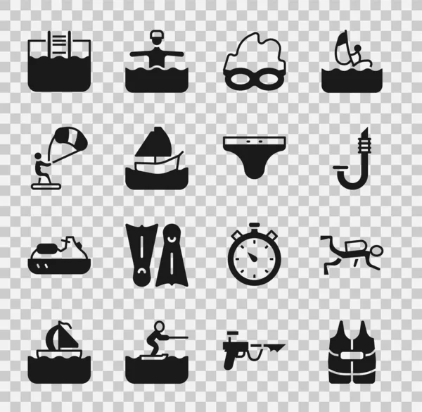 Set Chaleco salvavidas, Buceador, Snorkel, Gafas para nadar, Velero, Kitesurf, Piscina con escalera y baúles icono. Vector — Archivo Imágenes Vectoriales