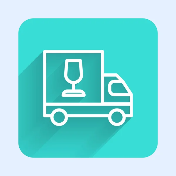 White line Wine truck icon isolated with long shadow background. Fast delivery. Green square button. Vector — Stock Vector