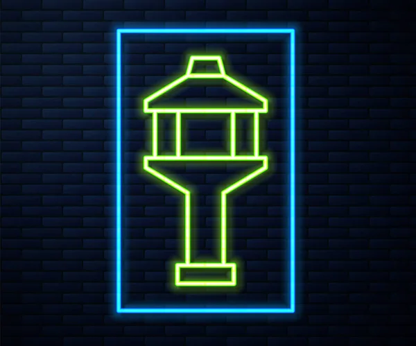 Gloeiende neon lijn Airport control tower icoon geïsoleerd op bakstenen muur achtergrond. Vector — Stockvector