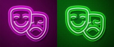 Parlak neon çizgisi komedi ve trajedi teatral maske ikonu mor ve yeşil arka planda izole edildi. Vektör