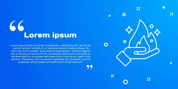 白い線青の背景に隔離された火のアイコンを持つ手。ベクトル — ストックベクタ