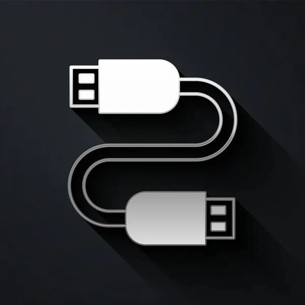 Ícone de cabo USB prata isolado no fundo preto. Conectores e tomadas para PC e dispositivos móveis. Estilo de sombra longo. Vetor — Vetor de Stock