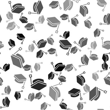 Siyah Mezuniyet ikonu beyaz arka planda izole edilmiş kusursuz desen. Tassel ikonlu mezuniyet şapkası. Vektör