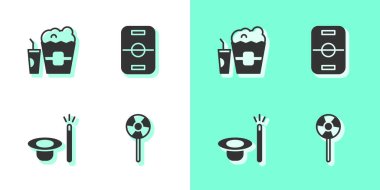 Lolipop, kutuda patlamış mısır, sihirli şapka değneği ve hokey masası ikonu. Vektör