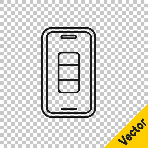 Черная линия смартфона аккумулятор значок заряда изолирован на прозрачном фоне. Телефон с низким зарядом батареи. Вектор — стоковый вектор