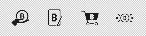 Set Hand holding Bitcoin, Mining bitcoin from tablet, Shopping cart with and circuit icon. Вектор — стоковий вектор