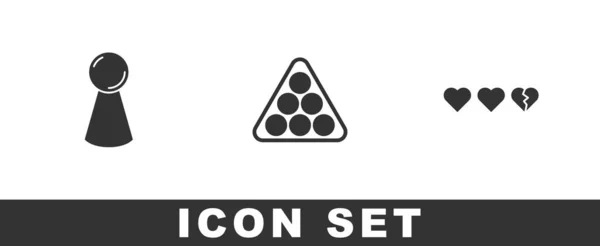 Set Chip voor bordspel, Biljartballen in driehoek en Hearts pictogram. Vector — Stockvector