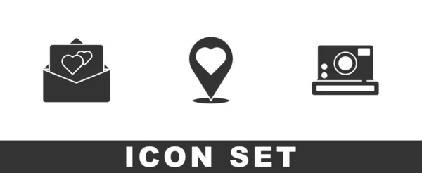Set Grußkarte, Ort mit Herz und Fotokamera-Symbol. Vektor — Stockvektor