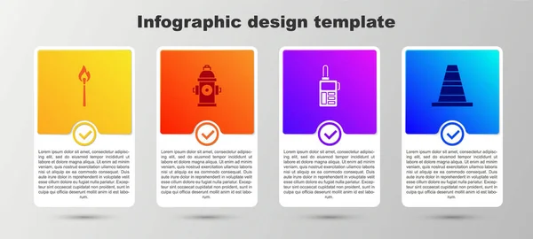 Set Burning match avec feu, bouche d'incendie, talkie-walkie et cône de circulation. Modèle d'infographie d'entreprise. Vecteur — Image vectorielle