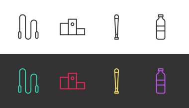 İp atlama, spor podyumu ödülü, beysbol sopası ve bir şişe su. Vektör