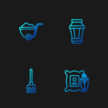 Çuvalda mısır, bahçe tırmığı, çamurlu el arabası ve lamba. Renk simgeleri. Vektör