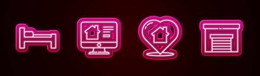 Set hattı Bed, Online emlak evi, kalp şeklinde ve garajlı ev. Parlayan neon ikonu. Vektör