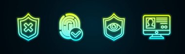 Satır kalkanını çapraz iz, parmak izi ve göz ve hesap ekranı ile ayarla. Parlayan neon ikonu. Vektör