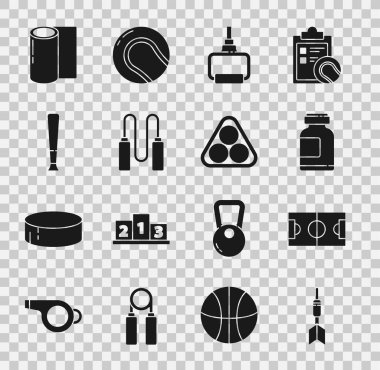 Dart oku, futbol ya da futbol sahası, spor beslenme, TPX döngü eğitim ekipmanları, atlama ipi, beysbol sopası, Fitness paspas rulosu ve bilardo topları üçgeni ikonu. Vektör