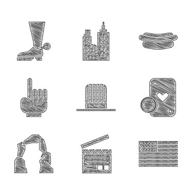 Vatansever Amerikan silindir şapkası, film alkışı, bayrak, kumarhane fişi ve iskambil kağıdı, Grand Canyon, bir numaralı fan eldiveni, Hotdog sandviçi ve kovboy çizmesi ikonu. Vektör