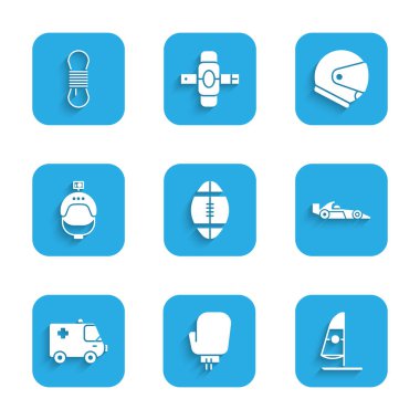 Rugby topu, boks eldiveni, rüzgar sörfü, Formula 1 yarış arabası, ambulans ve acil durum, kask kamera ve tırmanma halatı ikonu. Vektör