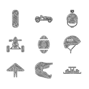 Rugby topu, motosiklet kaskı, Formula 1 yarış arabası, bisiklet, planör, ATV, kask, kamera ve kaykay hilesi ikonu. Vektör