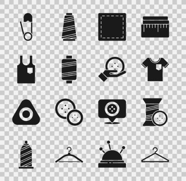 Askı dolabı, dikiş ipliği ve düğme, tişört, desen, kolsuz, güvenlik rozeti ve ikonu hazırla. Vektör