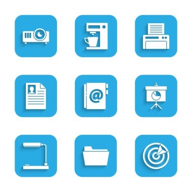 Adres defterini, belge klasörünü, hedef sporunu, diyagramı, masa lambasını, özgeçmişi, yazıcısı ve filmi, medya projektörü simgesini ayarla. Vektör