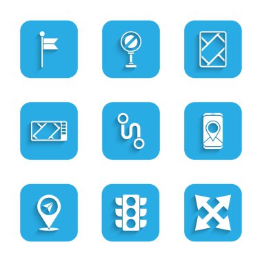 Yol konumunu, trafik ışığını, trafik işaretini, şehir haritası navigasyonunu, konumunu, GPS cihazını ve işaret simgesini ayarla. Vektör