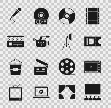 Sinema salonunu ekran, Online oyun videosu, bilet, CD DVD disk, kamera, Movie clapper, Mikrofon ve spot ışığı simgesi ile ayarla. Vektör