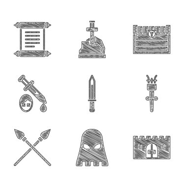 Ortaçağ kılıcı, cellat maskesi, kale kapısı, meşale alevi, çapraz ortaçağ mızrakları kanlı kılıç, antik hazine sandığı ve ferman, parşömen, parşömen simgesi. Vektör