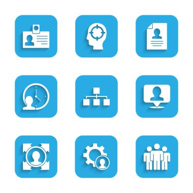 Hiyerarşi organizogram şeması, kafa avcılığı, kullanıcı grubu, kişi ile konum, Zaman Yönetimi, Özgeçmiş ve Kimlik rozeti simgesi ayarla. Vektör