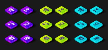 Kimlik kartı, dünya çapında konuşma balonu sohbeti, ödül kupası, sahne standı tribünü ve yazıcı simgesi ayarla. Vektör