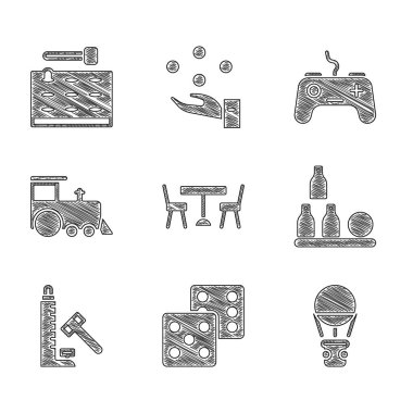 Sandalyeli piknik masası, oyun zarları, sıcak balon, şişe, Striker çekici, oyuncak tren, oyun platformu ve oyun makinesi ikonu. Vektör