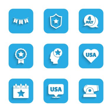 USA Head, Independence Day, Cannon, Calendar with date 4 July, Medal star ve Carnival Garland bayrak ikonu. Vektör