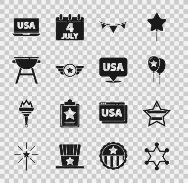 Hexagram şerifi, ABD Bağımsızlık Günü, Balonlar, bayraklı karnaval çelengi, Amerikan ordusu, barbekü ızgarası, dizüstü bilgisayar ve ikonu hazırla. Vektör