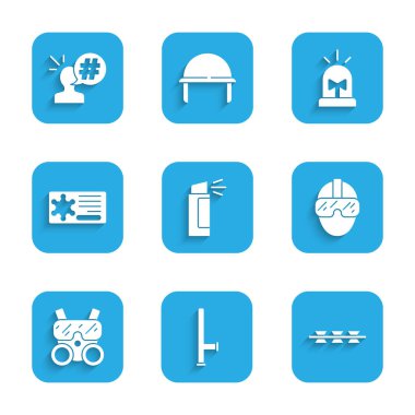 Biber gazı, polis lastik copu, dikenli tel, özel kuvvetler askeri, gaz maskesi, rozet, Flasher sireni ve protesto ikonu. Vektör