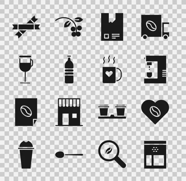 采购产品设置一袋咖啡豆 咖啡情人 瓶装水 爱尔兰语 糖棒包和杯子和心脏图标 — 图库矢量图片