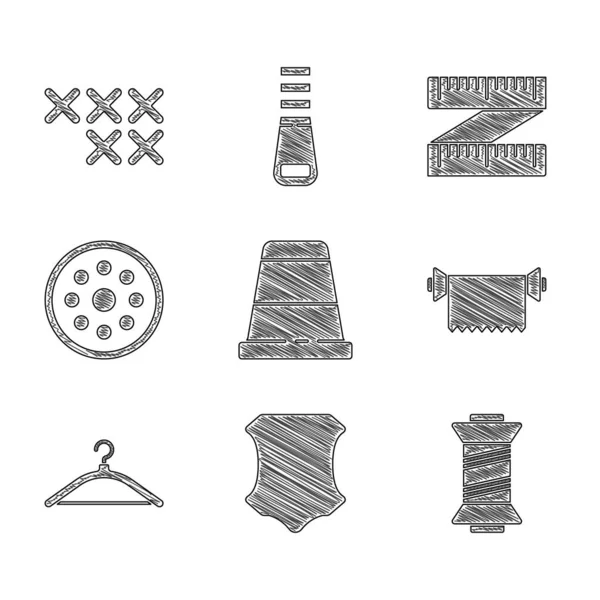 Set Dedal Para Costura Cuero Hilo Coser Rollo Tela Textil — Archivo Imágenes Vectoriales