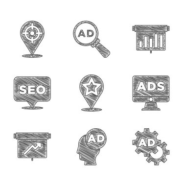 Harita işaretçisini yıldız, Reklamcılık, Pano grafik şeması, SEO optimizasyonu ve Hedef spor simgesi ile ayarla. Vektör