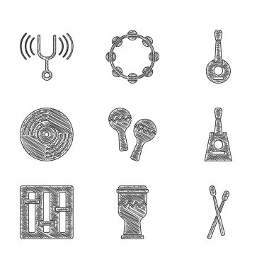 Maracas, Drum, sticks, Balalaika, Sound Mixer denetleyici, Vinil disk, Banjo ve Müzikal ayarlama simgesi. Vektör