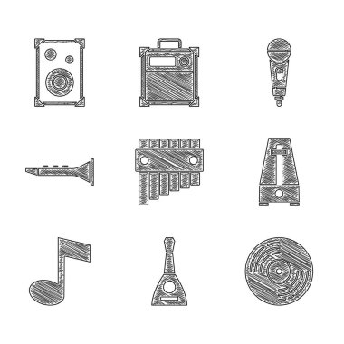 Pan flüt, Balalaika, Vinil disk, sarkacılı Metronome, nota, ton, klarnet, mikrofon ve Stereo hoparlör ikonu. Vektör