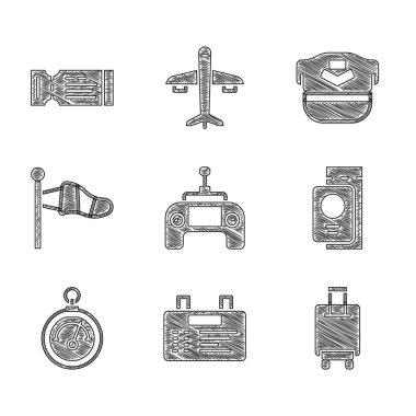 Drone uzaktan kumandası, havaalanı panosu, bavul, biletli pasaport, Barometre, koni meteoroloji rüzgar yastığı, Pilot şapkası ve hava yolu ikonu. Vektör