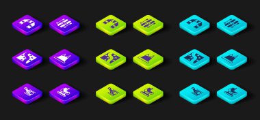 Kurtarma helikopteri, patenler, rota konumu, dağlar, kayak ve çubuklar ve kış eşarbı ikonu. Vektör