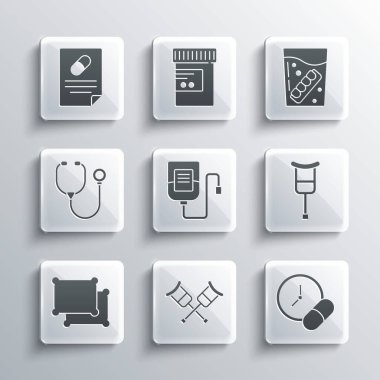 Koltuk değneği ya da koltuk değneği, ilaç hapı, serum, yastık, stetoskop, tıbbi reçete ve sahte çene cam ikonu. Vektör