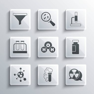 Kimyasal patlama, radyoaktif, deney tüpü ve matara, H2O, molekül, huni filtresi ve mikroskop simgesi formülü. Vektör